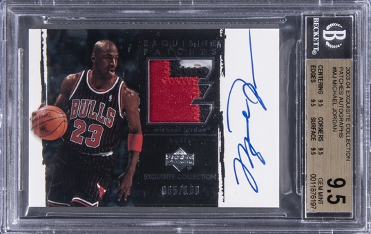2003-04 UD "Exquisite Collection" Patches Autographs #MJ Michael Jordan Signed Game Used Patch Card (#065/100) – A True Gem Example – BGS GEM MINT 9.5/BGS 10